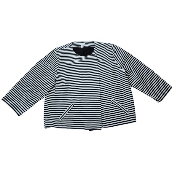 CHICO'S Black and White Striped Cropped Blazer Jacket 3/4 Sleeves Snap Sz 3 (XL) - Picture 1 of 7